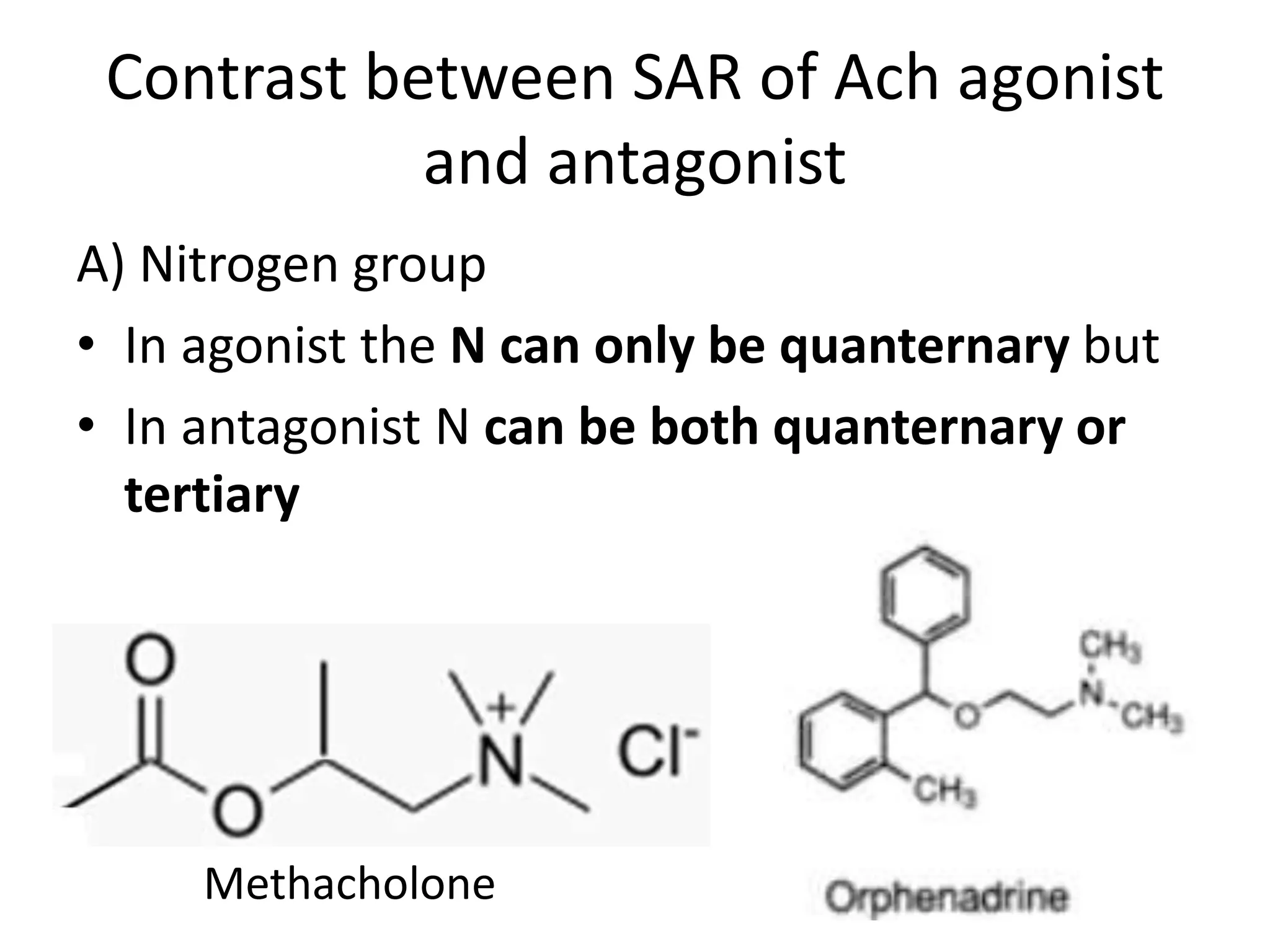 Contrast between SAR of Ach agonist 
and antagonist 
A) Nitrogen group 
• In agonist the N can only be quanternary but 
• In antagonist N can be both quanternary or 
tertiary 
Methacholone 
 