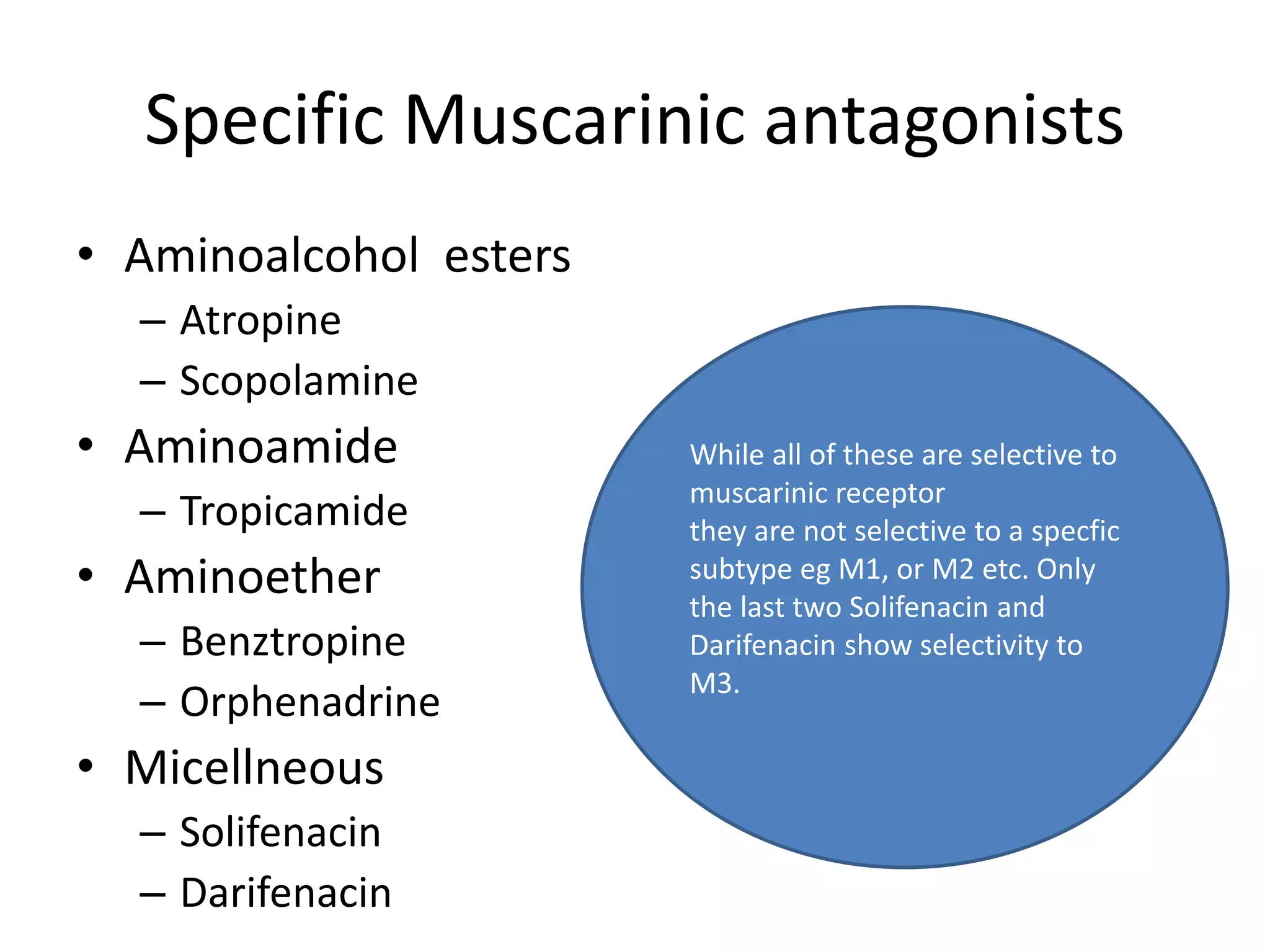 Specific Muscarinic antagonists 
• Aminoalcohol esters 
– Atropine 
– Scopolamine 
• Aminoamide 
– Tropicamide 
• Aminoether 
– Benztropine 
– Orphenadrine 
• Micellneous 
– Solifenacin 
– Darifenacin 
While all of these are selective to 
muscarinic receptor 
they are not selective to a specfic 
subtype eg M1, or M2 etc. Only 
the last two Solifenacin and 
Darifenacin show selectivity to 
M3. 
 