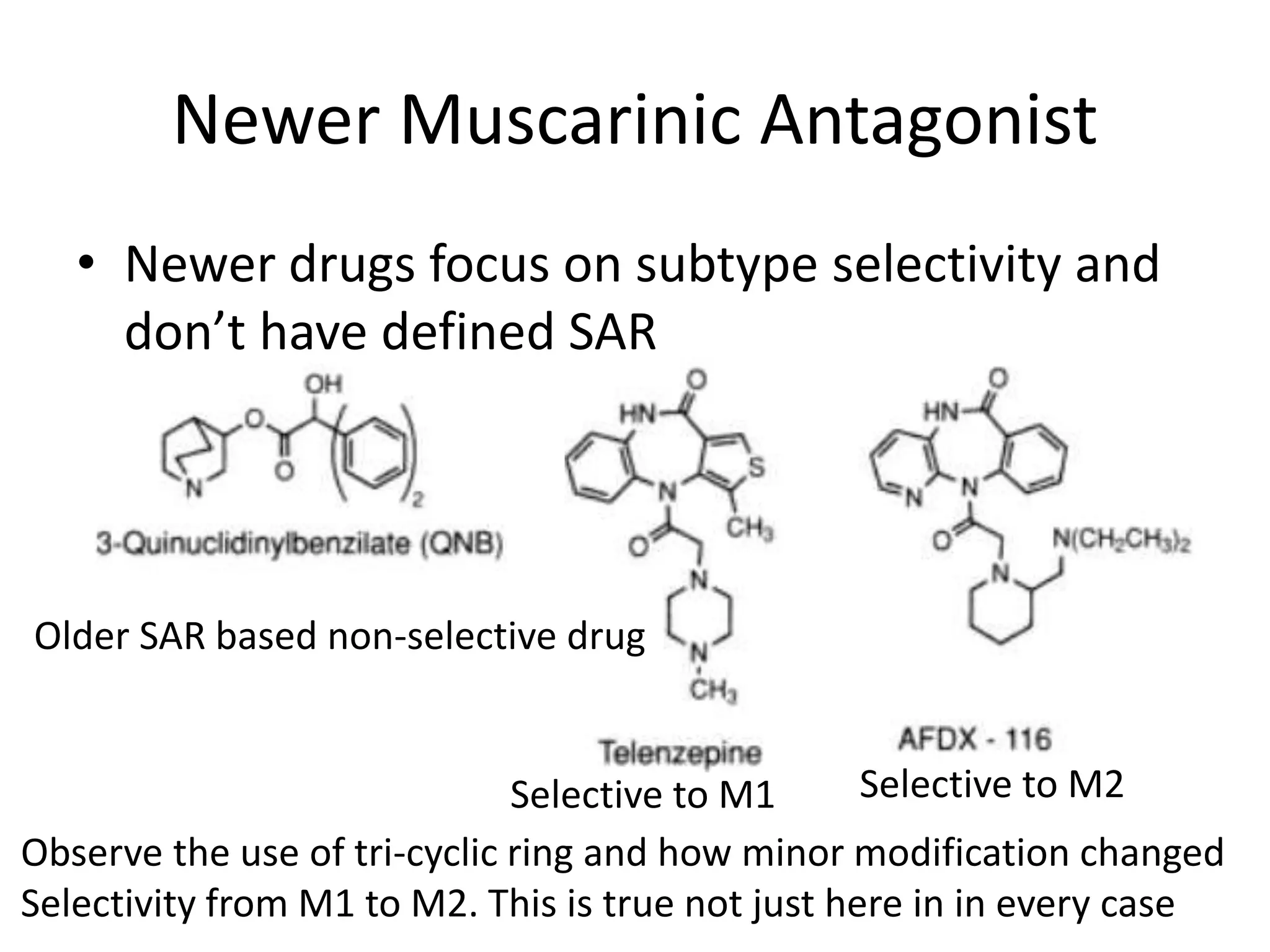 Newer Muscarinic Antagonist 
• Newer drugs focus on subtype selectivity and 
don’t have defined SAR 
Older SAR based non-selective drug 
Selective to M1 Selective to M2 
Observe the use of tri-cyclic ring and how minor modification changed 
Selectivity from M1 to M2. This is true not just here in in every case 
 