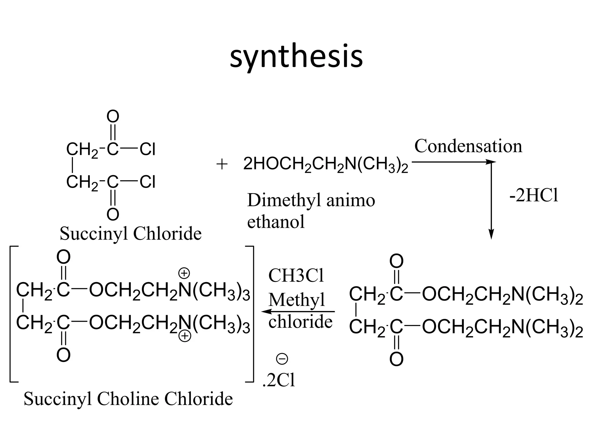 synthesis 
CH2 
CH2 
O 
C 
Cl 
C Cl 
O 
Succinyl Chloride 
Condensation 
-2HCl 
2HOCH2CH2N(CH3)2 
CH2 
CH2 
O 
C 
OCH2CH2N(CH3)2 
C OCH2CH2N(CH3)2 
O 
CH3Cl 
Methyl 
chloride 
CH2 
CH2 
O 
C 
OCH2CH2N(CH3)3 
C OCH2CH2N(CH3)3 
O 
.2Cl 
Succinyl Choline Chloride 
Dimethyl animo 
ethanol 
 