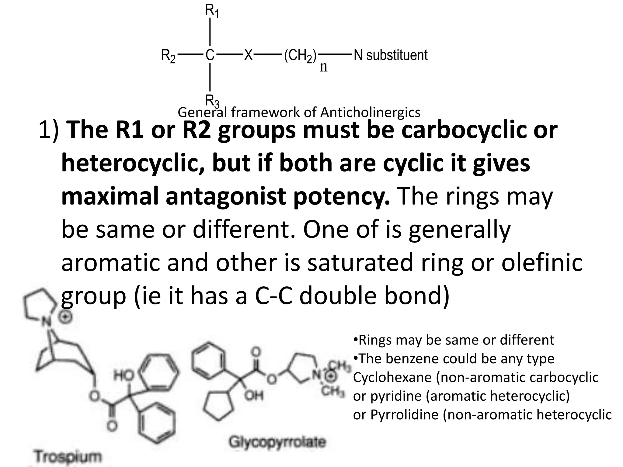 R2 n 
C X (CH2) N substituent 
General framework of Anticholinergics 
1) The R1 or R2 groups must be carbocyclic or 
heterocyclic, but if both are cyclic it gives 
maximal antagonist potency. The rings may 
be same or different. One of is generally 
aromatic and other is saturated ring or olefinic 
group (ie it has a C-C double bond) 
•Rings may be same or different 
•The benzene could be any type 
Cyclohexane (non-aromatic carbocyclic 
or pyridine (aromatic heterocyclic) 
or Pyrrolidine (non-aromatic heterocyclic 
R1 
R3 
 