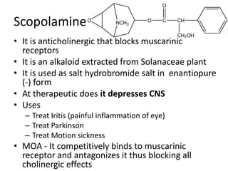 O 
Scopolamine 
O 
NCH3 
O C 
• It is anticholinergic that blocks muscarinic 
receptors 
• It is an alkaloid extracted from Solanaceae plant 
• It is used as salt hydrobromide salt in enantiopure 
(-) form 
• At therapeutic does it depresses CNS 
• Uses 
– Treat Iritis (painful inflammation of eye) 
– Treat Parkinson 
– Treat Motion sickness 
CH 
CH2OH 
• MOA - It competitively binds to muscarinic 
receptor and antagonizes it thus blocking all 
cholinergic effects 
 