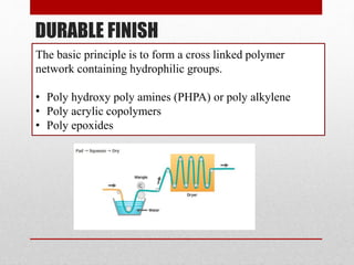 DURABLE FINISH
The basic principle is to form a cross linked polymer
network containing hydrophilic groups.
• Poly hydroxy poly amines (PHPA) or poly alkylene
• Poly acrylic copolymers
• Poly epoxides
 