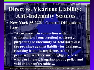 Philadelphia  Buffalo  Syracuse  Albany  Manhattan  Rochester  White Plains  Long Island  Princeton
Direct vs. Vicarious Liability:Direct vs. Vicarious Liability:
Anti-Indemnity StatutesAnti-Indemnity Statutes
• New York §5-322.1 General ObligationsNew York §5-322.1 General Obligations
LawLaw
– “A covenant…in connection with or
collateral to a [construction] contract …
purporting to indemnify or hold harm-less
the promisee against liability for damage…
resulting from the negligence of the
promisee…whether such negligence be in
whole or in part, is against public policy and
void and unenforceable….
 