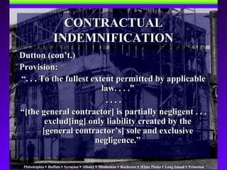 Philadelphia  Buffalo  Syracuse  Albany  Manhattan  Rochester  White Plains  Long Island  Princeton
CONTRACTUALCONTRACTUAL
INDEMNIFICATIONINDEMNIFICATION
DuttonDutton (con’t.)(con’t.)
Provision:Provision:
““. . . To the fullest extent permitted by applicable. . . To the fullest extent permitted by applicable
law. . . .”law. . . .”
. . . .. . . .
““[the general contractor] is partially negligent . . .[the general contractor] is partially negligent . . .
exclud[ing] only liability created by theexclud[ing] only liability created by the
[general contractor’s] sole and exclusive[general contractor’s] sole and exclusive
negligence.”negligence.”
 