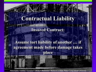 Philadelphia  Buffalo  Syracuse  Albany  Manhattan  Rochester  White Plains  Long Island  Princeton
Contractual LiabilityContractual Liability
Insured Contract:Insured Contract:
Assume tort liability of another … ifAssume tort liability of another … if
agreement made before damage takesagreement made before damage takes
placeplace
 