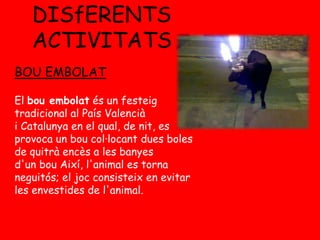 DISfERENTS
ACTIVITATS
BOU EMBOLAT
El bou embolat és un festeig
tradicional al País Valencià
i Catalunya en el qual, de nit, es
provoca un bou col·locant dues boles
de quitrà encès a les banyes
d'un bou Així, l'animal es torna
neguitós; el joc consisteix en evitar
les envestides de l'animal.

 