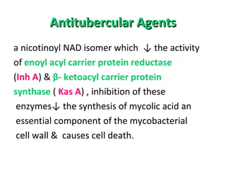 Antitubercular AgentsAntitubercular Agents
a nicotinoyl NAD isomer which ↓ the activity
of enoyl acyl carrier protein reductase
(Inh A) & β- ketoacyl carrier protein
synthase ( Kas A) , inhibition of these
enzymes↓ the synthesis of mycolic acid an
essential component of the mycobacterial
cell wall & causes cell death.
 