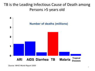 4
TB is the Leading Infectious Cause of Death among
Persons >5 years old
0
1
2
3
4
TBARI DiarrheaAIDS Malaria
Tropical
Diseases
Number of deaths (millions)
Source: WHO World Report 2000
 