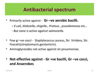 Antibacterial spectrum
• Primarily active against - Gr –ve aerobic bacilli.
- E.coli, klebsiella, shigella , Proteus , psuedomonas etc…
- But none is active against salmonella.
• Few gr +ve cocci - Staplylococcus aureus, Str. Viridans, Str.
Feacalis(streptomycin,gentamicin).
• Aminoglycosides not active against str.pnuemoniae.
• Not effective against - Gr +ve bacilli, Gr –ve cocci,
and Anaerobes
03/27/19 43PATKI
 