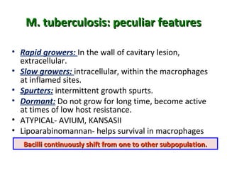 M. tuberculosis: peculiar featuresM. tuberculosis: peculiar features
• Rapid growers: In the wall of cavitary lesion,
extracellular.
• Slow growers: intracellular, within the macrophages
at inflamed sites.
• Spurters: intermittent growth spurts.
• Dormant: Do not grow for long time, become active
at times of low host resistance.
• ATYPICAL- AVIUM, KANSASII
• Lipoarabinomannan- helps survival in macrophages
Bacilli continuously shift from one to other subpopulation.Bacilli continuously shift from one to other subpopulation.
 