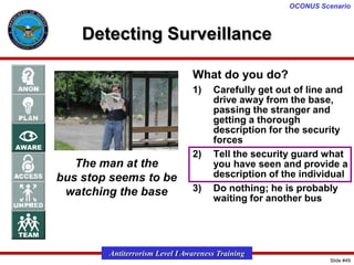 OCONUS Scenario

Detecting Surveillance
What do you do?
1)

The man at the
bus stop seems to be
watching the base

2)

3)

Carefully get out of line and
drive away from the base,
passing the stranger and
getting a thorough
description for the security
forces
Tell the security guard what
you have seen and provide a
description of the individual
Do nothing; he is probably
waiting for another bus

Antiterrorism Level I Awareness Training
Slide #49

 