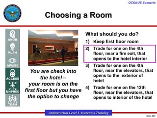 OCONUS Scenario

Choosing a Room
What should you do?
1) Keep first floor room
2) Trade for one on the 4th
floor, near a fire exit, that
opens to the hotel interior
3) Trade for one on the 4th
floor, near the elevators, that
You are check into
opens to the exterior of
the hotel –
hotel
your room is on the
4) Trade for one on the 12th
first floor but you have
floor, near the elevators, that
the option to change
opens to interior of the hotel

Antiterrorism Level I Awareness Training
Slide #65

 