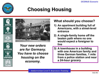 OCONUS Scenario

Choosing Housing
What should you choose?

Your new orders
are for Germany.
You have to choose
housing on the
economy.

1) An apartment building full of
Americans, with a street-level
entrance
2) A single-family home off the
beaten path where no one
would expect a foreigner to
live
3) A townhouse in a building
with one American family and
three German families, 1 mile
from a police station and near
a 24-hour grocery

Antiterrorism Level I Awareness Training
Slide #83

 