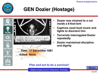 Historical Applications

GEN Dozier (Hostage)
• Dozier was chained to a cot
inside a 6-foot tent
• Captives used loud music and
lights to disorient him
• Terrorists interrogated Dozier
repeatedly
• Dozier maintained discipline
and dignity
Date: 17 December 1981
Killed: None

Plan and act to be a survivor!
Return

Antiterrorism Level I Awareness Training
Slide #94

 