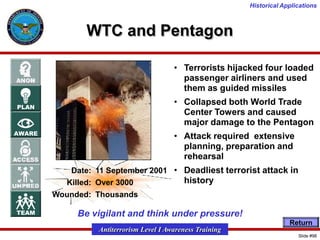 Historical Applications

WTC and Pentagon
• Terrorists hijacked four loaded
passenger airliners and used
them as guided missiles
• Collapsed both World Trade
Center Towers and caused
major damage to the Pentagon
• Attack required extensive
planning, preparation and
rehearsal
Date: 11 September 2001 • Deadliest terrorist attack in
history
Killed: Over 3000

Wounded: Thousands

Be vigilant and think under pressure!
Return

Antiterrorism Level I Awareness Training
Slide #98

 