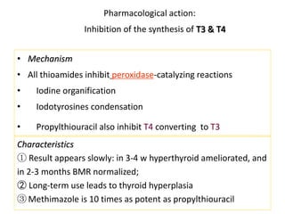 Pharmacological action:
Inhibition of the synthesis of T3 & T4
• Mechanism
• All thioamides inhibit peroxidase-catalyzing reactions
• Iodine organification
• Iodotyrosines condensation
• Propylthiouracil also inhibit T4 converting to T3
Characteristics
① Result appears slowly: in 3-4 w hyperthyroid ameliorated, and
in 2-3 months BMR normalized;
② Long-term use leads to thyroid hyperplasia
③ Methimazole is 10 times as potent as propylthiouracil
 