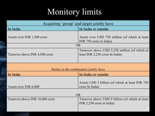 Hari Krishan - Antitrust Laws
Monitory limits
Acquiring ‘group’ and target jointly have
In India In India or outside
Assets over INR 1,500 crore Assets over USD 750 million (of which at least
INR 750 crore in India)
OR
Turnover above INR 4,500 crore
Turnover above USD 2,250 million (of which at
least INR 2,250 crore In India)
Parties to the combination jointly have
In India In India or outside
Assets over INR 6,000
Assets USD 3 billion (of which at least INR 750
crore In India)
OR
Turnover above INR 18,000 crore Turnover above USD 9 billion (of which at least
INR 2,250 crore in India)
18
 