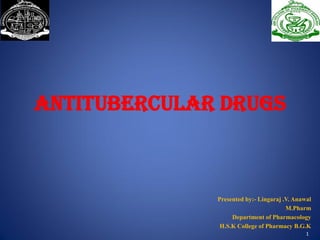 Antitubercular Drugs
Presented by:- Lingaraj .V. Anawal
M.Pharm
Department of Pharmacology
H.S.K College of Pharmacy B.G.K
1
 