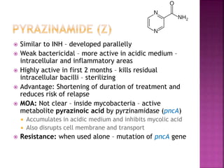  Similar to INH – developed parallelly
 Weak bactericidal – more active in acidic medium –
intracellular and inflammatory areas
 Highly active in first 2 months – kills residual
intracellular bacilli – sterilizing
 Advantage: Shortening of duration of treatment and
reduces risk of relapse
 MOA: Not clear – inside mycobacteria – active
metabolite pyrazinoic acid by pyrzinamidase (pncA)
 Accumulates in acidic medium and inhibits mycolic acid
 Also disrupts cell membrane and transport
 Resistance: when used alone – mutation of pncA gene
 