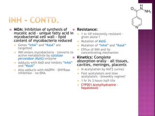  MOA: Inhibition of synthesis of
mycolic acid – unique fatty acid in
mycobacterial cell wall - lipid
content of mycobacteria reduced
 Genes “InhA” and “KasA” are
targetted
 INH enters mycobacteria – converts to
active metabolinte by catalase
peroxidase (KatG) enzyme
 Adducts with NAD and inhibits “InhA”
and “KasA”
 Also adducts with NADPH – DHFRase
inhibition – no DNA
 Resistance:
 1 in 106 inherently resistant -
given alone ?
 Mutation of KatG
 Mutation of “InhA” and “KasA”
 Efflux of INH and its
concentrating mechanism
 Kinetics: Complete
absorption orally – all tissues,
cavities, meninges, placents
 N-acetylation by NAT2 (urine)
 Fast acetylators and slow
acetylators - biweekly regime?
 1 hr Vs 3 hours half-life
 CYP2E1 Acetylhydrazine -
hepatotoxic
 