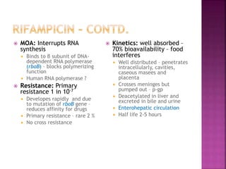  MOA: Interrupts RNA
synthesis
 Binds to β subunit of DNA-
dependent RNA polymerase
(rboB) – blocks polymerizing
function
 Human RNA polymerase ?
 Resistance: Primary
resistance 1 in 10-7
 Developes rapidly and due
to mutation of rboB gene –
reduces affinity for drugs
 Primary resistance – rare 2 %
 No cross resistance
 Kinetics: well absorbed –
70% bioavailability – food
interferes
 Well distributed – penetrates
intracellularly, cavities,
caseous masees and
placenta
 Crosses meninges but
pumped out – p-gp
 Deacetylated in liver and
excreted in bile and urine
 Enterohepatic circulation
 Half life 2-5 hours
 