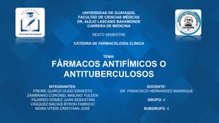 UNIVERSIDAD DE GUAYAQUIL
FACULTAD DE CIENCIAS MÉDICAS
DR. ALEJO LASCANO BAHAMONDE
CARRERA DE MEDICINA
SEXTO SEMESTRE
CÁTEDRA DE FARMACOLOGÍA CLÍNICA
TEMA:
FÁRMACOS ANTIFÍMICOS O
ANTITUBERCULOSOS
INTEGRANTES:
FREIRE QUIROZ HUGO ERNESTO
ZAMBRANO CORONEL MAILING YULEEN
FAJARDO GÓMEZ JUAN SEBASTIÁN
VÁSQUEZ MACÍAS BYRON FABRICIO
MORA VITERI CRISTHIAN JOSÉ
DOCENTE:
DR. FRANCISCO HERNÁNDEZ MANRIQUE
GRUPO: 4
SUBGRUPO: 4
 