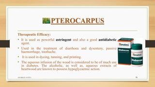 PTEROCARPUS
Therapeutic Efficacy:
• It is used as powerful astringent and also a good antidiabetic
agent.
• Used in the treatment of diarrhoea and dysentery, passive
haemorrhage, toothache.
• It is used in dyeing, tanning, and printing.
• The aqueous infusion of the wood is considered to be of much use
in diabetes. The alcoholic, as well as, aqueous extracts of
heartwood are known to possess hypoglycaemic action.
ANUBHAV GUPTA 15
 
