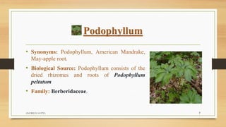 Podophyllum
• Synonyms: Podophyllum, American Mandrake,
May-apple root.
• Biological Source: Podophyllum consists of the
dried rhizomes and roots of Podophyllum
peltatum
• Family: Berberidaceae.
ANUBHAV GUPTA 7
 