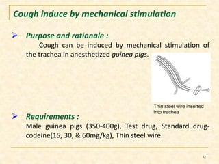 Cough induce by mechanical stimulation 
 Purpose and rationale : 
Cough can be induced by mechanical stimulation of 
the trachea in anesthetized guinea pigs. 
 Requirements : 
Thin steel wire inserted 
into trachea 
Male guinea pigs (350-400g), Test drug, Standard drug-codeine( 
15, 30, & 60mg/kg), Thin steel wire. 
32 
 
