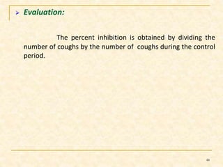  Evaluation: 
The percent inhibition is obtained by dividing the 
number of coughs by the number of coughs during the control 
period. 
44 
 