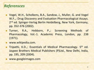 Referensces 
 Vogel, W.H., Scholkens, B.A., Sandow, J., Muller, G. and Vogel 
W.F.,: Drug Discovery and Evaluation Pharmacological Assays. 
2nd ed. Spinger-Verlag Berlin Heidelberg, New York, Germany, 
pp. 352-376 (2002). 
 Turner, R.A., Hebborn, P.,: Screening Methods of 
Pharmacology, Vol.-1. Academic Press, London, pp. 238 
(1971). 
 www.wikipedia.com. 
 Tripathi, K.D.,: Essentials of Medical Pharmacology. 5th ed. 
Jaypee Brothers Medical Publishers (P)Ltd., New Delhi, India, 
pp. 195, 209 (2004). 
 www.googleimages.com 
45 
 