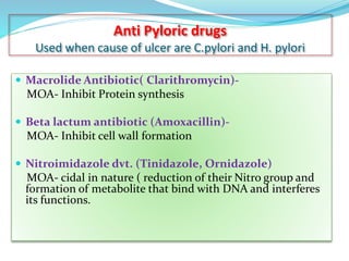 Anti Pyloric drugs
Used when cause of ulcer are C.pylori and H. pylori
 Macrolide Antibiotic( Clarithromycin)-
MOA- Inhibit Protein synthesis
 Beta lactum antibiotic (Amoxacillin)-
MOA- Inhibit cell wall formation
 Nitroimidazole dvt. (Tinidazole, Ornidazole)
MOA- cidal in nature ( reduction of their Nitro group and
formation of metabolite that bind with DNA and interferes
its functions.
 