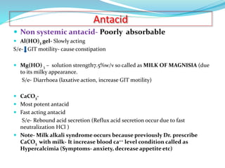 Antacid
 Non systemic antacid- Poorly absorbable
 Al(HO)3 gel- Slowly acting
S/e- GIT motility- cause constipation
 Mg(HO) 3 – solution strength7.5%w/v so called as MILK OF MAGNISIA (due
to its milky appearance.
S/e- Diarrhoea (laxative action, increase GIT motility)
 CaCO3-
 Most potent antacid
 Fast acting antacid
S/e- Rebound acid secretion (Reflux acid secretion occur due to fast
neutralization HCl )
 Note- Milk alkali syndrome occurs because previously Dr. prescribe
CaCO3 with milk- It increase blood ca++ level condition called as
Hypercalcimia (Symptoms- anxiety, decrease appetite etc)
 