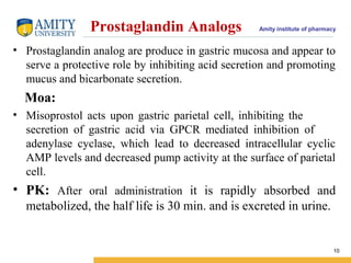 Amity institute of pharmacyProstaglandin Analogs
• Prostaglandin analog are produce in gastric mucosa and appear to
serve a protective role by inhibiting acid secretion and promoting
mucus and bicarbonate secretion.
Moa:
• Misoprostol acts upon gastric parietal cell, inhibiting the
secretion of gastric acid via GPCR mediated inhibition of
adenylase cyclase, which lead to decreased intracellular cyclic
AMP levels and decreased pump activity at the surface of parietal
cell.
• PK: After oral administration it is rapidly absorbed and
metabolized, the half life is 30 min. and is excreted in urine.
10
 