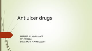 Antiulcer drugs
PREPARED BY: SONAL PANDE
MPHARM.SEM1
DEPARTMENT: PHARMACOLOGY
 