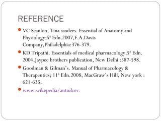 REFERENCE
VC Scanlon, Tina ssnders. Essential of Anatomy and
 Physiology;5th Edn.2007,F.A.Davis
 Company,Philadelphia:376-379.
KD Tripathi. Essentials of medical pharmacology;5th Edn.
 2004,Jaypee brothers publication, New Delhi :587-598.
Goodman & Gilman’s. Manual of Pharmacology &
 Therapeutics; 11th Edn.2008, MacGraw’s Hill, New york :
 621-635.
www.wikepedia/antiulcer.
 