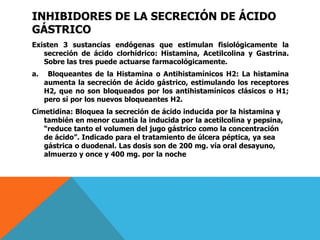 INHIBIDORES DE LA SECRECIÓN DE ÁCIDO
GÁSTRICO
Existen 3 sustancias endógenas que estimulan fisiológicamente la
secreción de ácido clorhídrico: Histamina, Acetilcolina y Gastrina.
Sobre las tres puede actuarse farmacológicamente.
a. Bloqueantes de la Histamina o Antihistamínicos H2: La histamina
aumenta la secreción de ácido gástrico, estimulando los receptores
H2, que no son bloqueados por los antihistamínicos clásicos o H1;
pero sí por los nuevos bloqueantes H2.
Cimetidina: Bloquea la secreción de ácido inducida por la histamina y
también en menor cuantía la inducida por la acetilcolina y pepsina,
“reduce tanto el volumen del jugo gástrico como la concentración
de ácido”. Indicado para el tratamiento de úlcera péptica, ya sea
gástrica o duodenal. Las dosis son de 200 mg. vía oral desayuno,
almuerzo y once y 400 mg. por la noche
 