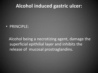 Alcohol induced gastric ulcer:
• PRINCIPLE:
Alcohol being a necrotizing agent, damage the
superficial epithilial layer and inhibits the
release of mucosal prostraglandins.
 