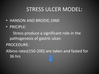 STRESS ULCER MODEL:
• HANSON AND BRODIE,1960
• PRICIPLE:
Stress produce a significant role in the
pathogenesis of gastric ulcer.
PROCEDURE:
Albino rates(150-200) are taken and fasted for
36 hrs
 