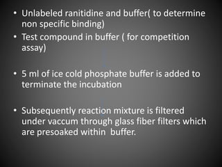 • Unlabeled ranitidine and buffer( to determine
non specific binding)
• Test compound in buffer ( for competition
assay)
• 5 ml of ice cold phosphate buffer is added to
terminate the incubation
• Subsequently reaction mixture is filtered
under vaccum through glass fiber filters which
are presoaked within buffer.
 