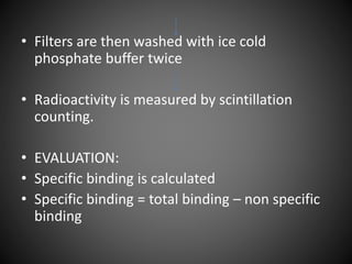 • Filters are then washed with ice cold
phosphate buffer twice
• Radioactivity is measured by scintillation
counting.
• EVALUATION:
• Specific binding is calculated
• Specific binding = total binding – non specific
binding
 