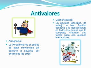 Antivalores
                                Deshonestidad:
                                En asuntos laborales, de
                                 trabajo o bien familiar
                                 conlleva a la desconfianza
                                 en todos los puntos que le
                                 compete; creando una
                                 fuerte traba con quienes
                                 interacciona.
 Arrogancia:
 La Arrogancia es el estado
  de estar convencido del
  derecho a situarse por
  encima de los otros.
 