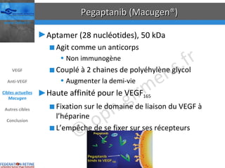 Pegaptanib (Macugen®) Aptamer (28 nucléotides), 50 kDa Agit comme un anticorps Non immunogène Couplé à 2 chaines de polyéhylène glycol Augmenter la demi-vie Haute affinité pour le VEGF 165 Fixation sur le domaine de liaison du VEGF à l’héparine L’empêche de se fixer sur ses récepteurs VEGF Anti-VEGF Cibles actuelles Macugen Autres cibles Conclusion 