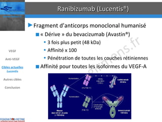 Ranibizumab (Lucentis®) Fragment d’anticorps monoclonal humanisé « Dérive » du bevacizumab (Avastin®) 3 fois plus petit (48 kDa) Affinité x 100 Pénétration de toutes les couches rétiniennes Affinité pour toutes les isoformes du VEGF-A VEGF Anti-VEGF Cibles actuelles Lucentis Autres cibles Conclusion 