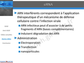siRNA ARN interférents correspondent à l’application thérapeutique d’un mécanisme de défense cellulaire contre l’infection virale ARN infectieux peut d’associer à de petits fragments d’ARN (bases complémentaires) Induisent dégradation des ARN Administration Electroporation Transfection nanoparticules VEGF Anti-VEGF Cibles actuelles Autres cibles Conclusion 