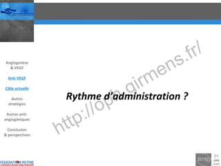 Rythme d’administration ? Angiogenèse & VEGF Anti-VEGF Cible actuelle Autres stratégies Autres anti-angiogéniques Conclusion & perspectives 