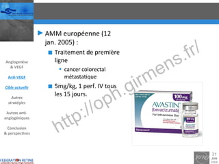 AMM européenne (12 jan. 2005) : Traitement de première ligne cancer colorectal métastatique 5mg/kg, 1 perf. IV tous les 15 jours. Angiogenèse & VEGF Anti-VEGF Cible actuelle Autres stratégies Autres anti-angiogéniques Conclusion & perspectives 