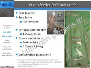 ... Et dès février 2006 aux XV-XX... Salle blanche Sous hotte Flux laminaire Seringues préremplies 1.25 mg / 0.1 ml Dose « empirique » Poids molaire 0.05 ml = 1.25 mg Conservation 15 jours (4°) Bakri SJ & al.  Six-month stability of bevacizumab (Avastin) binding to vascular endothelial growth factor after withdrawal into a syringe and refrigeration or freezing). Retina 2006;26(5):519-22 Angiogenèse & VEGF Anti-VEGF Cible actuelle Autres stratégies Autres anti-angiogéniques Conclusion & perspectives 