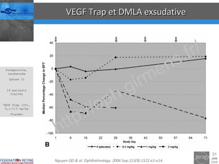 VEGF Trap et DMLA exsudative Prospective, randomisée (phase I) 19 patients traités VEGF Trap (IV), 0,1/1/3 mg/kg Placebo Nguyen QD & al. Ophthalmology. 2006 Sep;113(9):1522.e1-e14. 